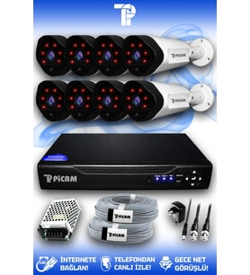 PICAM 8 Kameralı Uzay 8 Dış Kamera Set HDD'siz Full HD Gece Görüşlü Güvenlik Kamerası Sistemi