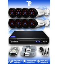 PICAM 8 Kameralı Uzay 8 Dış Kamera Set HDD'siz Full HD Gece Görüşlü Güvenlik Kamerası Sistemi