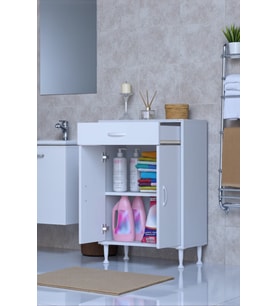 Eliusta Fre 65 cm Çok Amaçlı Dolap 1 Raflı Tek Çekmeceli Banyo Mutfak Dolabı 65x88x32,5 cm Organizer Dolap (Beyaz)