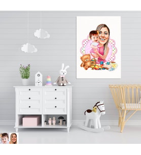 BK Gift Kişiye Özel Anne ve Kız Bebek Karikatürlü Kanvas Tablo-1