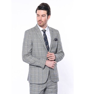 Ekose Slim Fit Gri Erkek Ceket - Wessi