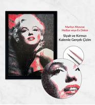 Gerçek Kalemle Çizilmiş Portre – Marilyn Monroe Portre - Siyah ve Kırmızı - Köşeli Çizgiler-30X40 CM (Siyah)