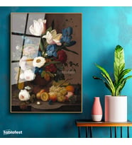 Altın Renk Metal Çerçeveli Tamperli Cam Tablo Severin Roesen Lale ve Meyve Tabağı Beyaz Gül Ressam Tablosu Duvar Dekoru