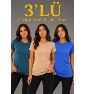 3’lü Kısa Kollu Bisiklet Yaka Basic Slim Fit T-Shirt -Petrol Mavisi - Bej - Mavi