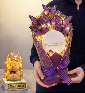 Led Işıklı Aynalı Mor Kelebek Buketi Kişiye Özel Led Işıklı Fanus Hediyeli (Model 4)