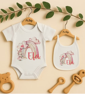 Pia Baby Premium %100 Pamuk İsme Özel Organik Baskılı Çıtçıtlı Bebek Body Ve Önlük 5042-20 (Ekru)