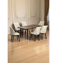 Luna Ceviz 80 x 132 Açılabilen MDF Masa Siyah Metal Ayaklı Mutfak Masası 6 Krem Sandalye