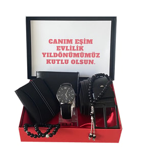 Erkek Siyah Kol Saati-Cüzdan-Kemer-Kartlık-Tesbih-2 Adet Bileklik