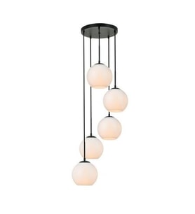 Rsylight Metal Modern Siyah Retro Rustik Yuvarlak 5 Li Opal Camlı Sarkıt Avize