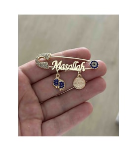 14 Ayar Altın Kaplama Maşallah Yazılı Mavi Taşlı Bebek Yaka Iğnesi 5 Cm - 0111