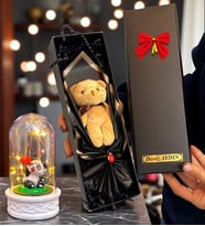 Size Özel İsimli Kutuda Kahve Peluş Ayıcık ve Led Işıklı Biblolu Fanus (Model 8)