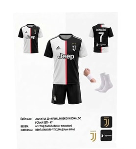 Juventus Ronaldo 2019 Sezon Retro Siyah-Beyaz 4 Lü Set Çocuk Forma Takımı (Anakonda Siyah-Beyaz)