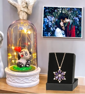 Size Özel Fotoğraflı Hediye Seti  Led Işıklı Pandalı Fanus & Gerçek Ametist Taşlı Lotus Kolye