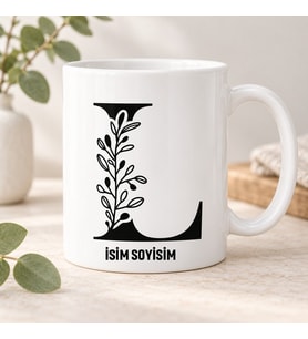 Kişiye Özel Baş Harf ve İsim Yazılı Şık Botanik Desenli Seramik Kupa Bardak
