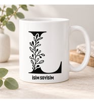 Kişiye Özel Baş Harf ve İsim Yazılı Şık Botanik Desenli Seramik Kupa Bardak