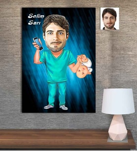 Kişiye Özel Karikatür Baskılı Ahşap Tablo Tıp Bayramı Doğum Doktoru Erkek-1 30x40