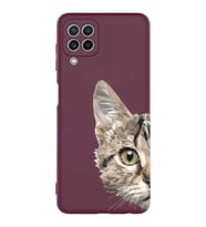 Samsung Galaxy A22 Uyumlu Lansman Kılıf Catface Tasarımlı İçi Kadife Kapak-Mürdüm (Şeffaf)