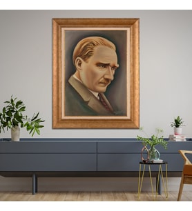Altın Varaklı Çerçeveli Paspartulu Atatürk Tablo z4534 (Gold)