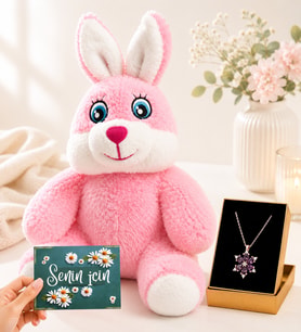 Sevimli Pembe Peluş Tavşan ve Gerçek Mor Ametist Taşlı Lotus Kadın Kolye Hediye Seti (D1)