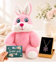 Sevimli Pembe Peluş Tavşan ve Gerçek Mor Ametist Taşlı Lotus Kadın Kolye Hediye Seti (D1)