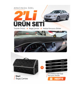 e-biz HYUNDAİ GENESİS (2008-2014) Uyumlu Torpido Örtüsü + Deri Bagaj Çantası - Siyah-Gri - HU020