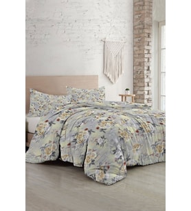 Lastikli Çarşaflı %100 Pamuk Saten Çift Kişilik Nevresim Takımı Grey Yellow Roses Luxury