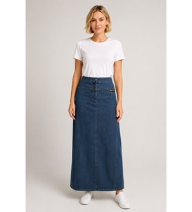 Yüksek Bel Fermuar Detaylı Denim Maxi Etek 7510-Mavi
