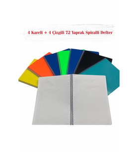 Çınar Defter A4 Colormaxi Spiralli Plastik Kapak 72 Yaprak 4 Adet Çizgili 4 Adet Kareli (Karışık)