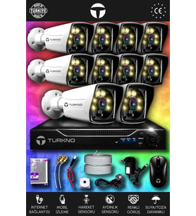 TURKNO 10 Kameralı Karie 10 Dış Kamera Set HDD'siz Full HD Renkli Gece Görüşlü Güvenlik Kamerası Sistemi