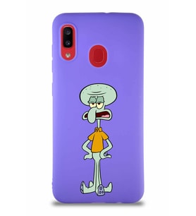 Samsung Galaxy A30 Soft Premier Kapak Squidward Dokunaç Tasarımlı Silikon Kılıf - Mor (Şeffaf)