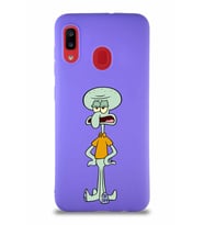 Samsung Galaxy A30 Soft Premier Kapak Squidward Dokunaç Tasarımlı Silikon Kılıf - Mor (Şeffaf)