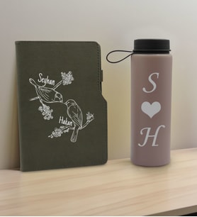 BK Gift Sevgiliye Özel İsimli Gri Termo Defter ve Gri Cam Matara Hediye Seti-6, Sevgiliye Hediye, Sevgililer Günü, Yeni İş Hediyesi