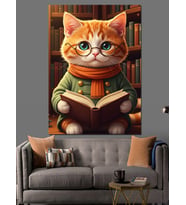 Kitap Okuyan Sevimli Kedi Dekoratif Kanvas - Mdf Ahşap Tablo
