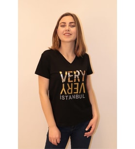 Rich Kadın V Yaka T-shirt %100 Pamuk Tişört
