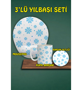 Yılbaşı Temalı 3'lü Bilek Destekli Mousepad Kupa ve Bardak Altlığı Seti