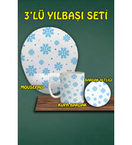 Yılbaşı Temalı 3'lü Bilek Destekli Mousepad Kupa ve Bardak Altlığı Seti