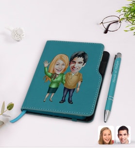 BK Gift Kişiye Özel Sevgililer Karikatürlü Turkuaz Termo Deri Defter Kalem Seti-110