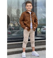 Erkek Çocuk Sırt Baskılı ÇıtÇıt Düğmeli Kahverengi Gömlek Dar Kesim Pantolon Alt