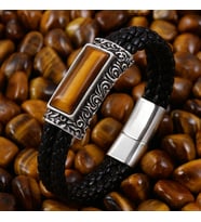 voyageaccessory Vintage Metal Detaylı Erkek Hakiki Deri Kaplan Gözü Taşlı Özel Tasarım Erkek Bileklik