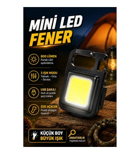 800 Lümen Mini LED Fener – USB Şarjlı 3 Modlu Anahtarlık ve Şişe Açacaklı
