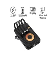 PW-122 10000mAh 15W Kablosuz Kablolu LCD 22.5W Mikro Lightning Type-C Kablolu Powerbank (Siyah)