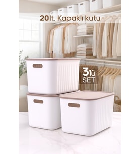 3 Adet Beyaz Dolap Düzenleyici 20 Lt Kapaklı Saklama Kutusu Sepet Oyuncak Kutusu Organizer