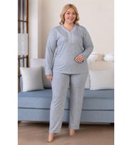 Derya Kadın Büyük Beden Dantel Yaka Bambu Uzun Kol İnce Pijama Takımı 8116G - 1 Adet