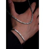 Erkek Gümüş Kolye Bileklik Set - 4.5mm Dikdörtgen Kesim Yassı Kral Gümüş Kolye Bileklik Set