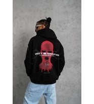 Erkek 3 İplik Pamuklu Kapüşonlu Baskılı Cepli Oversize Sweatshirt Hoodie - Siyah