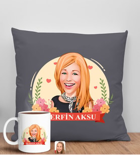 BK Gift Kişiye Özel Karikatürlü Anneler Günü Tasarımlı Antrasit Kırlent Yastık ve Kupa Seti, Anneye Hediye, Ev Dekorasyonu, Anneler Günü Hediyesi-6
