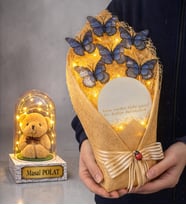 Kişiye Özel Led Işıklı Fanus ve Led Işıklı Aynalı Mavi Kelebek Buketi Hediye Seti (Model 6)