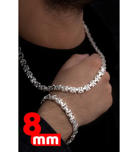 Erkek Gümüş Kolye Bileklik Set - 8mm Euro Kral Zincir Parlak Model Erkek Set • Işıklı Kutuda