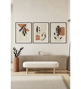 Modern Botanik ve Geometrik Desenler 3’lü Ahşap Çerçeveli Tablo Seti