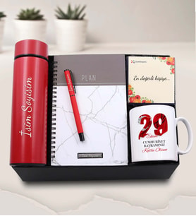 Kişiye Özel 500 ML Kırmızı Dereceli Termos & Beyaz Mermer Desenli Defter & 29 Ekim Temalı Kupa & Kırmızı Mat Roller Kalem Hediye Seti